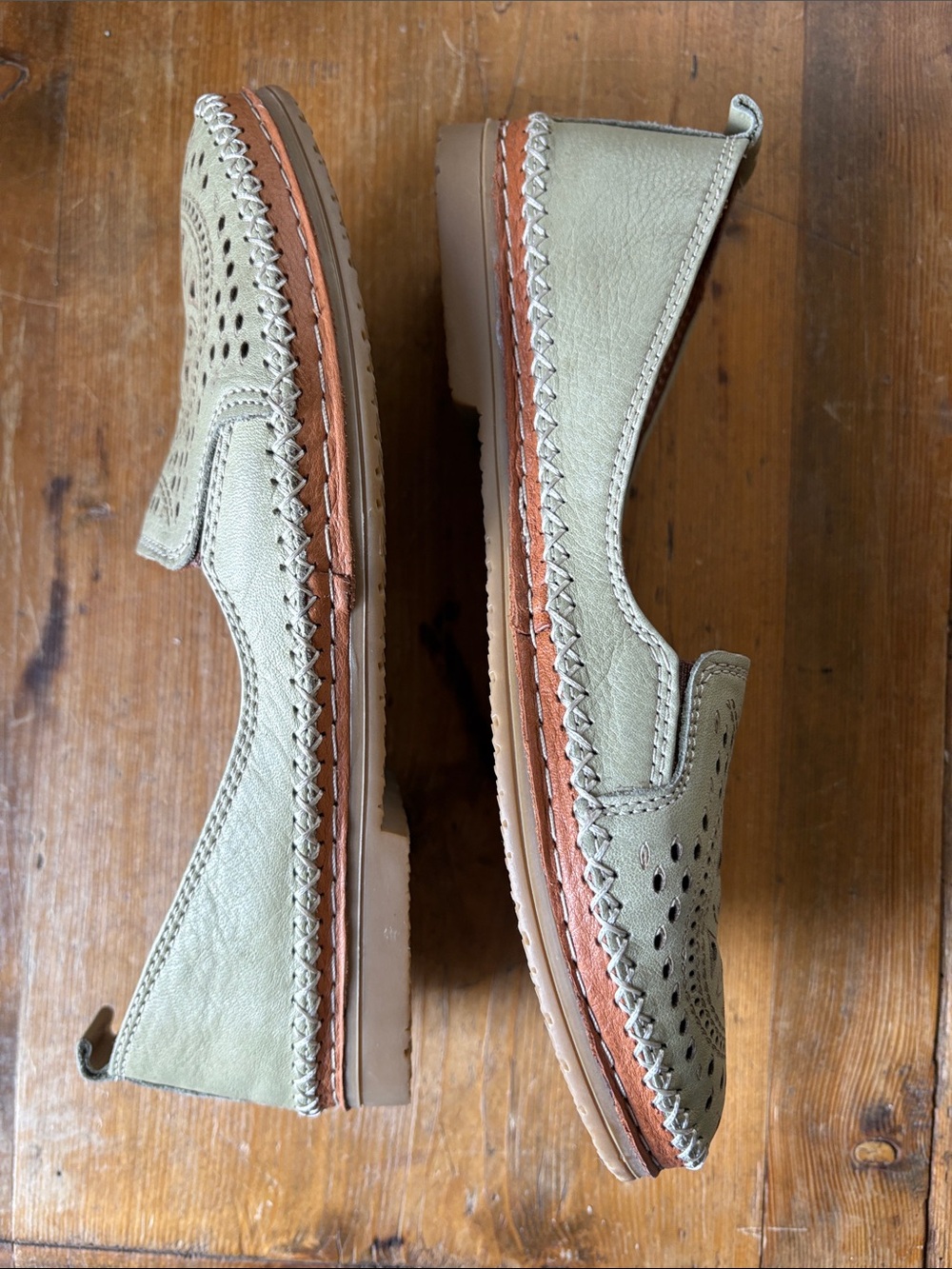 Spring step Sage Green Slip-Ons with intricate design. - Picture 3 of 5